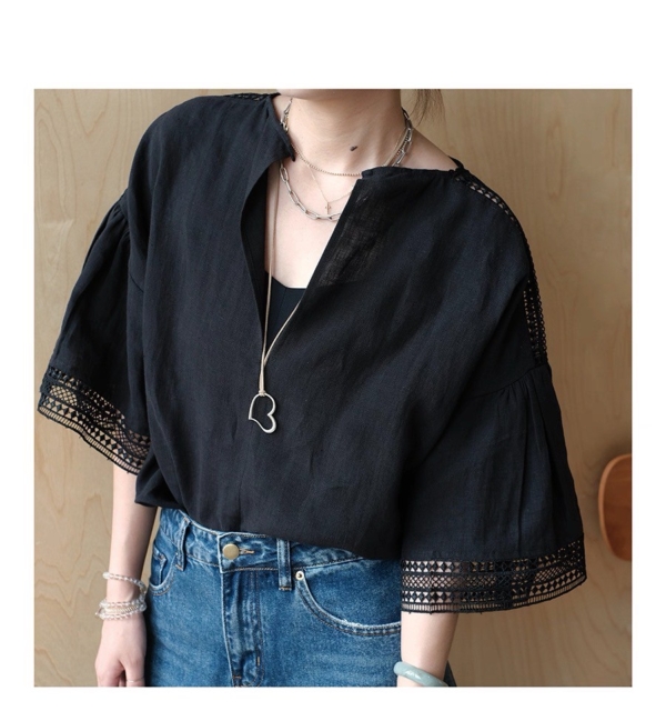 亞麻鏤空蕾絲V領A型五分袖上衣
