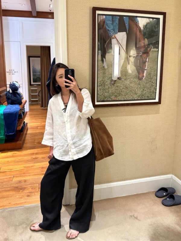 V領亞麻法式襯衫