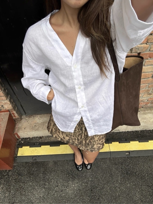 V領亞麻法式襯衫