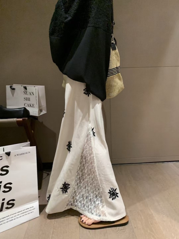 亞麻刺繡蕾絲半身裙