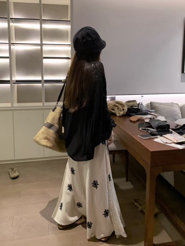 亞麻刺繡蕾絲半身裙