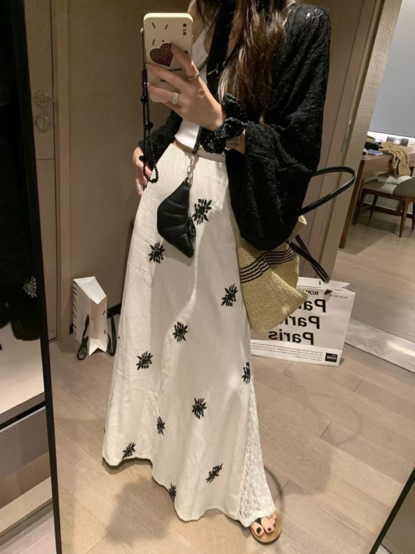 亞麻刺繡蕾絲半身裙