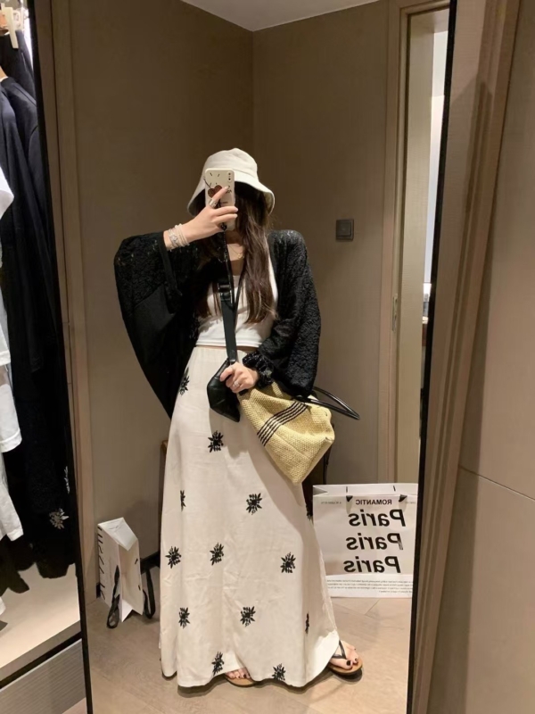 亞麻刺繡蕾絲半身裙