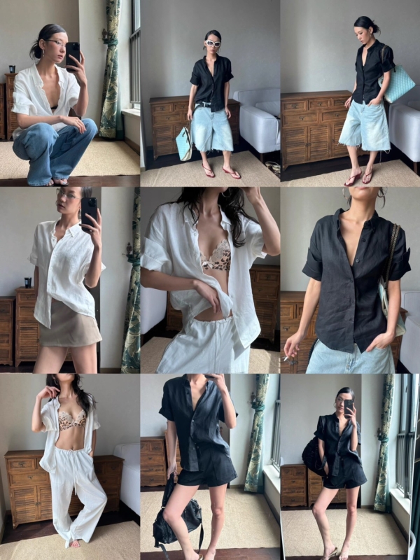 100%亞麻手工捲袖短袖襯衫