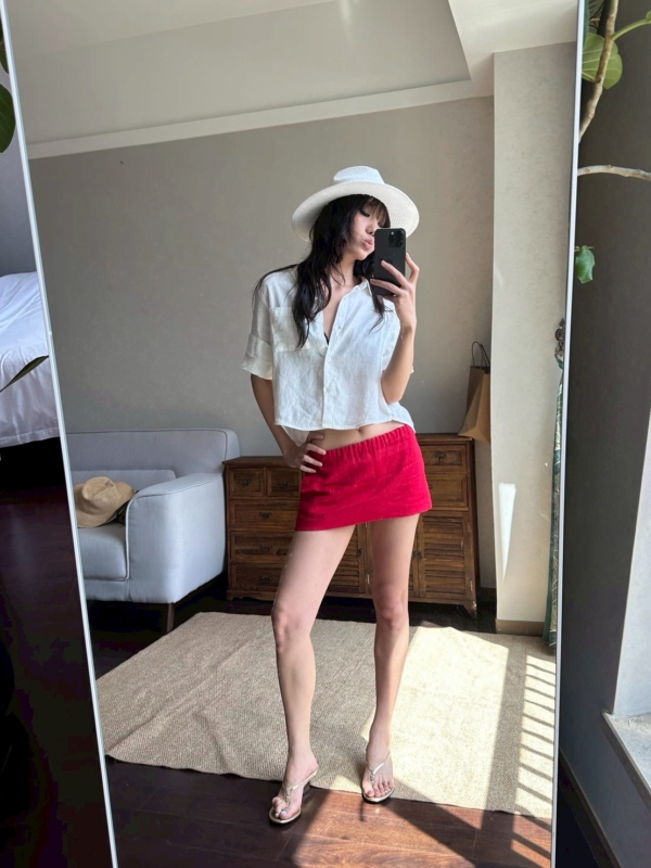 100%亞麻口袋短袖短版手工捲袖襯衫