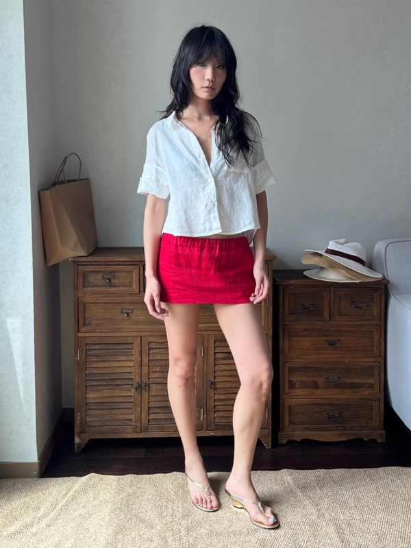 100%亞麻口袋短袖短版手工捲袖襯衫