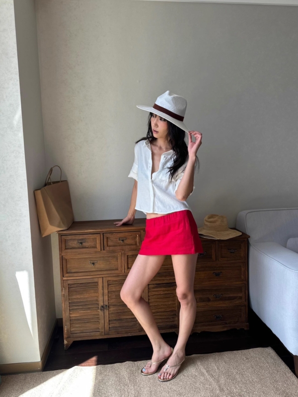 100%亞麻口袋短袖短版手工捲袖襯衫