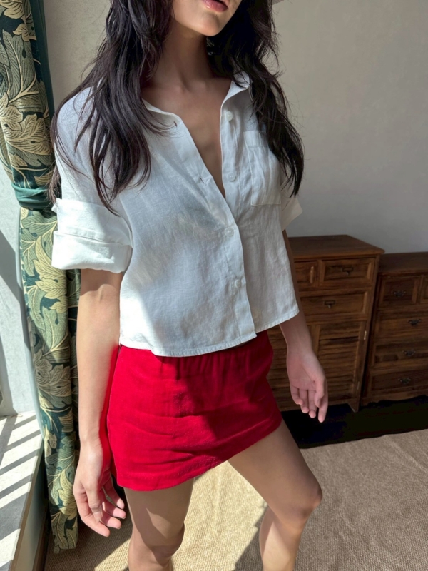 100%亞麻口袋短袖短版手工捲袖襯衫