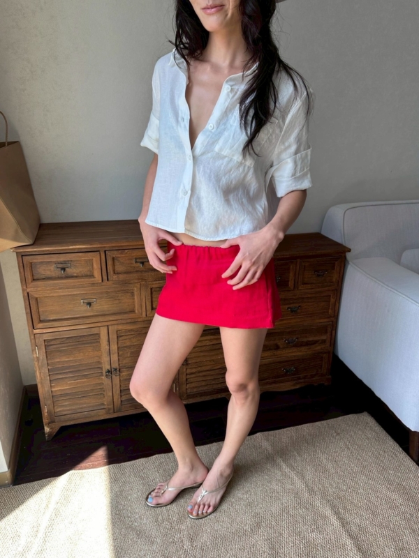 100%亞麻口袋短袖短版手工捲袖襯衫