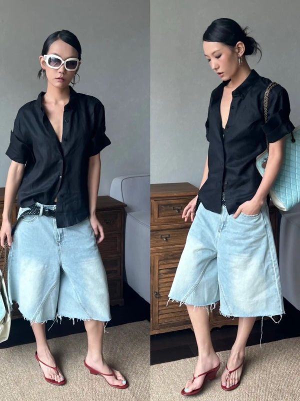 100%亞麻手工捲袖短袖襯衫