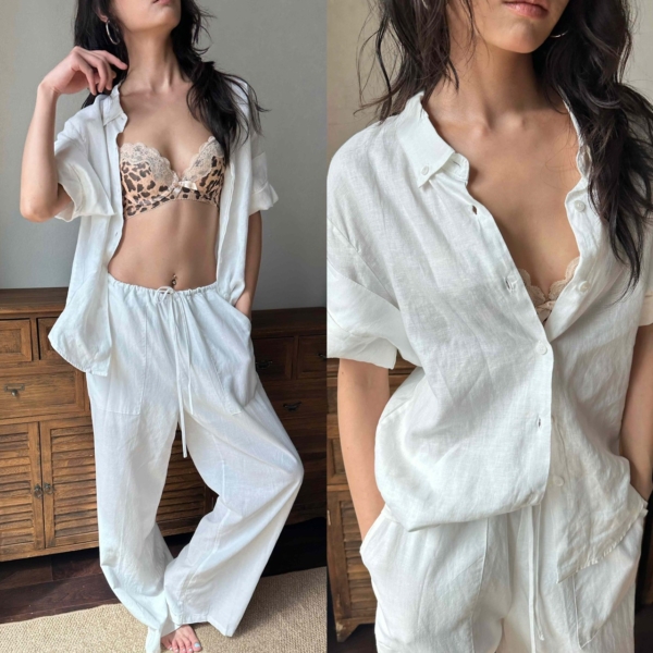 100%亞麻手工捲袖短袖襯衫