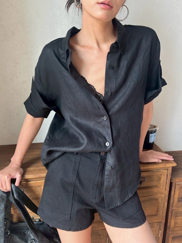 100%亞麻手工捲袖短袖襯衫