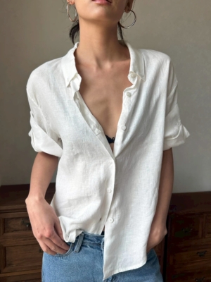 100%亞麻手工捲袖短袖襯衫