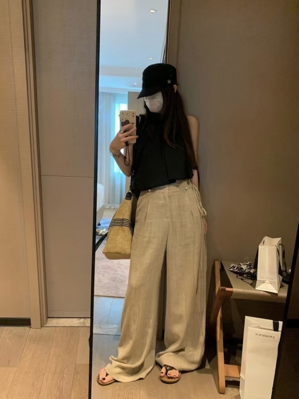 飄帶闊腿棉麻長褲
