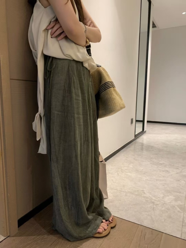 飄帶闊腿棉麻長褲