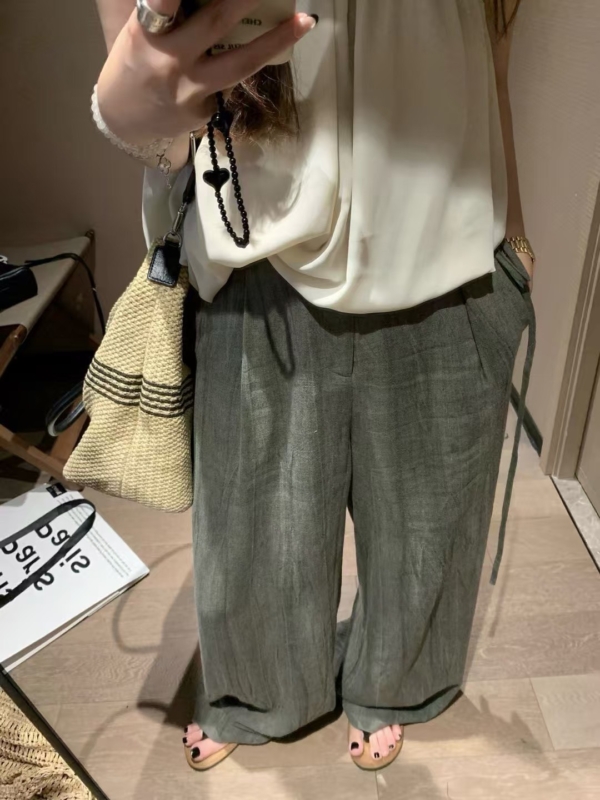 飄帶闊腿棉麻長褲