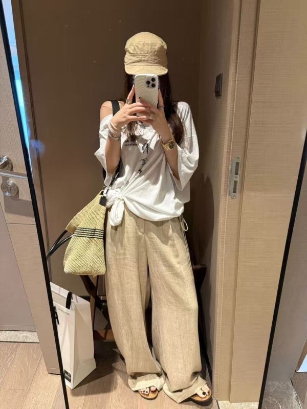 飄帶闊腿棉麻長褲