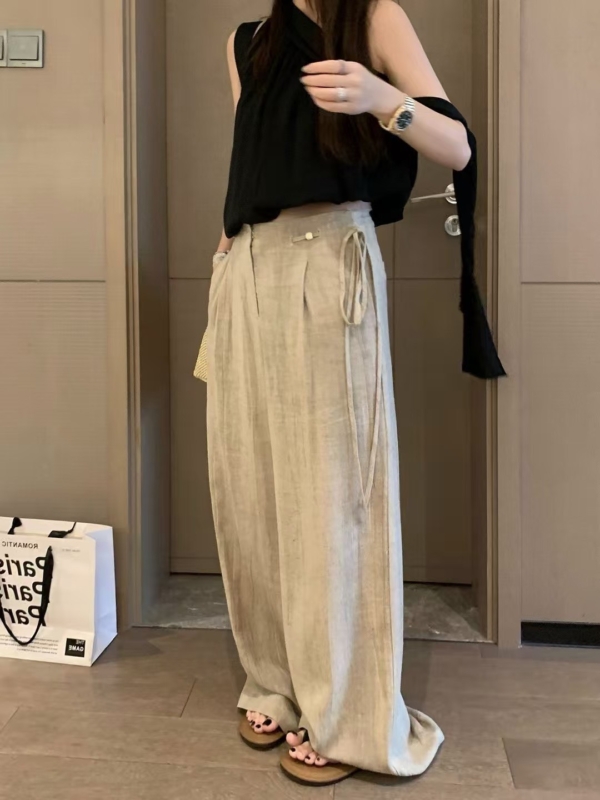 飄帶闊腿棉麻長褲