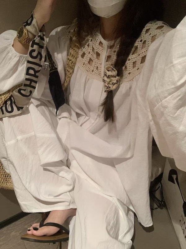 100%棉鏤空燈籠袖襯衫