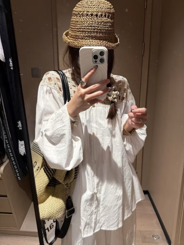 100%棉鏤空燈籠袖襯衫