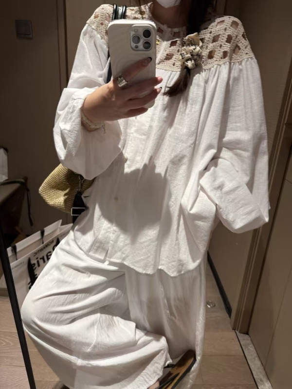 100%棉鏤空燈籠袖襯衫