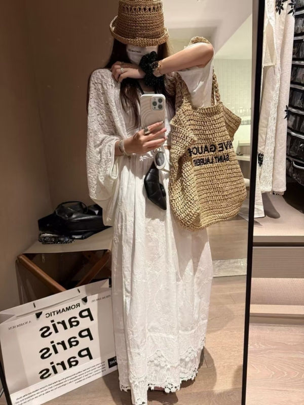 鬆緊腰繡花勾花長裙