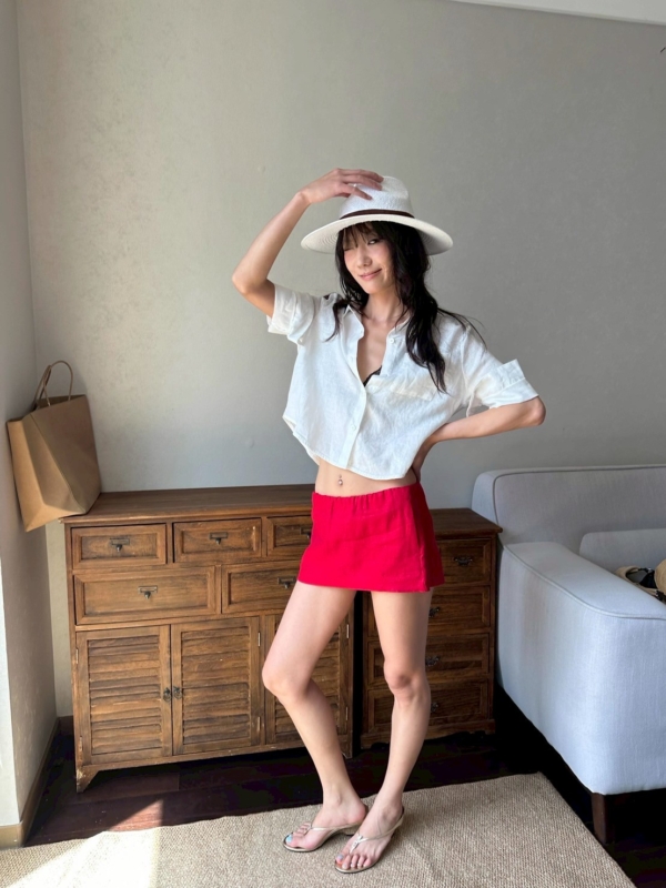 100%亞麻口袋短袖短版手工捲袖襯衫