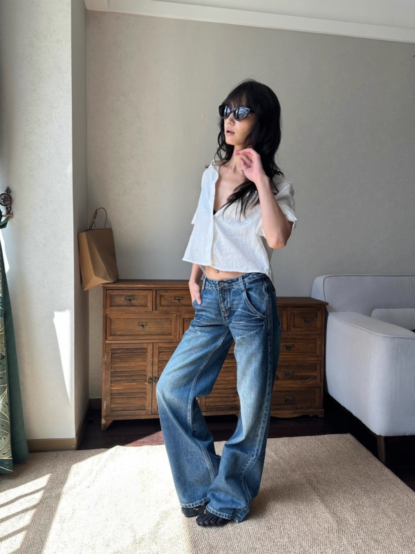 100%亞麻口袋短袖短版手工捲袖襯衫