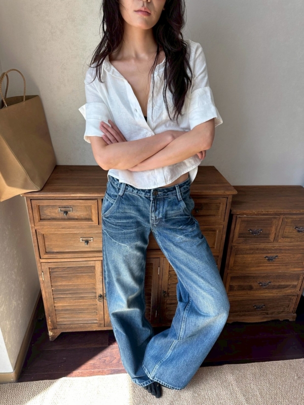 100%亞麻口袋短袖短版手工捲袖襯衫