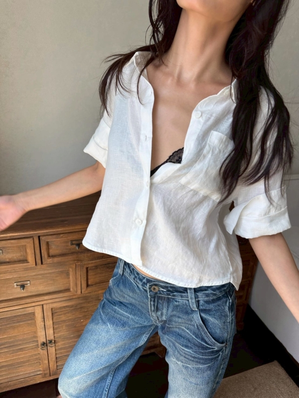 100%亞麻口袋短袖短版手工捲袖襯衫