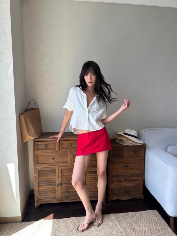 100%亞麻口袋短袖短版手工捲袖襯衫