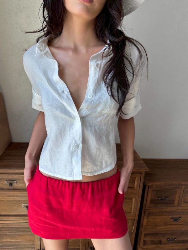 100%亞麻口袋短袖短版手工捲袖襯衫