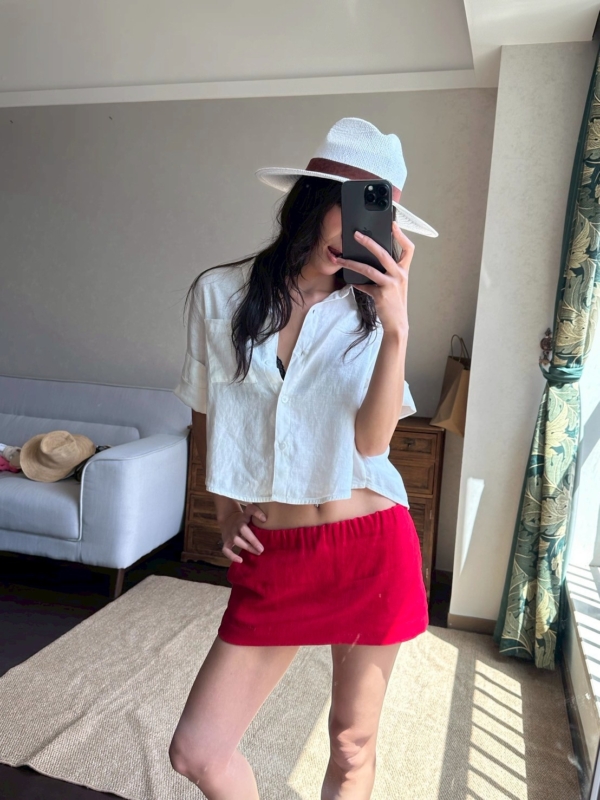 100%亞麻口袋短袖短版手工捲袖襯衫