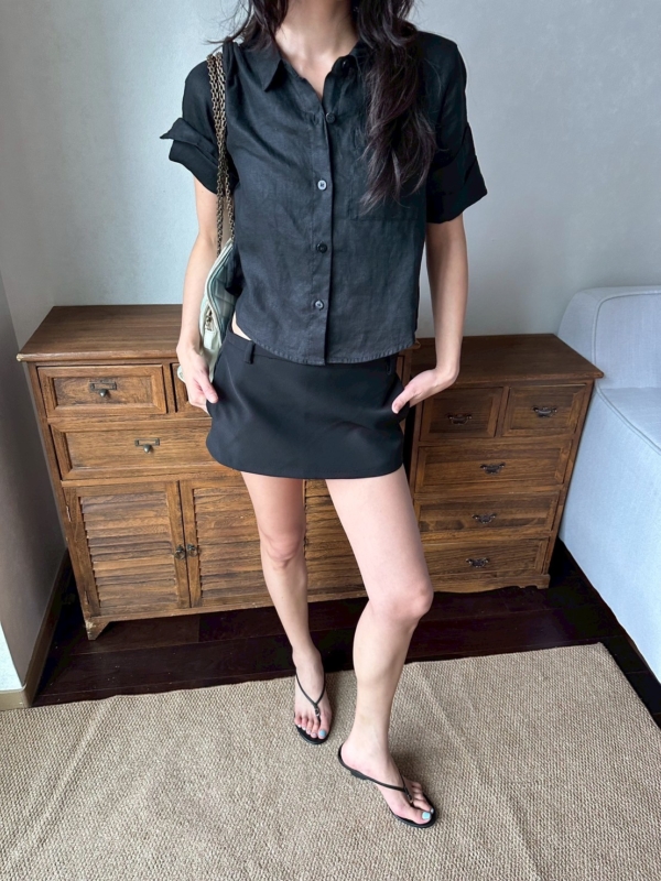 100%亞麻口袋短袖短版手工捲袖襯衫