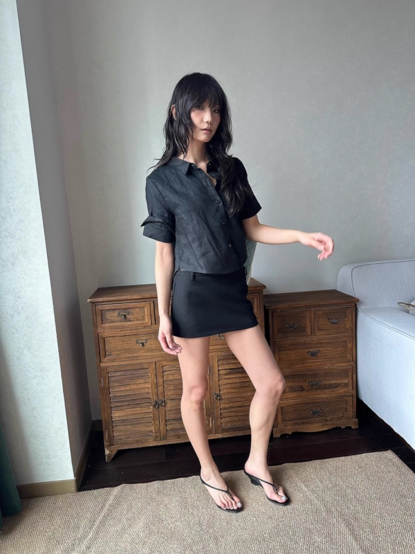 100%亞麻口袋短袖短版手工捲袖襯衫