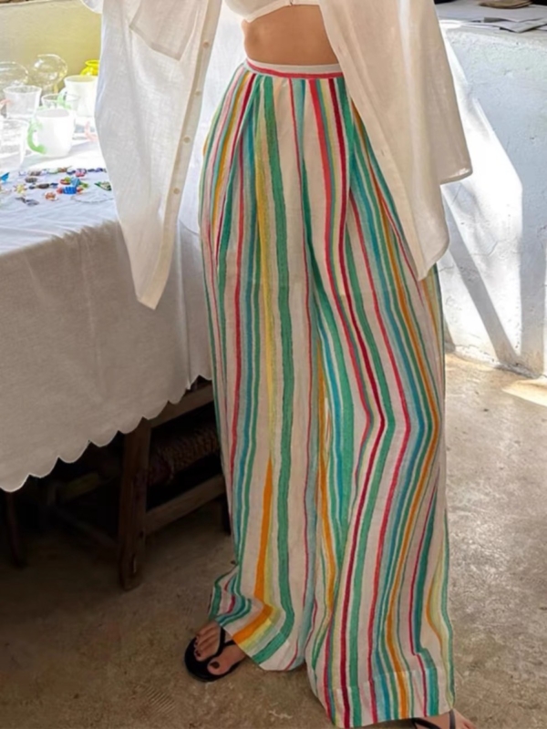 定染高支薄苧麻涼涼彩虹條紋長褲