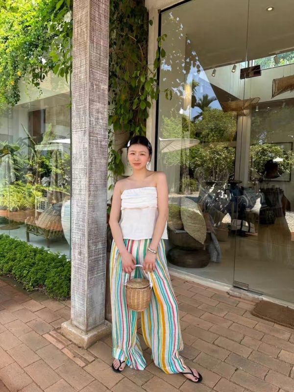 定染高支薄苧麻涼涼彩虹條紋長褲