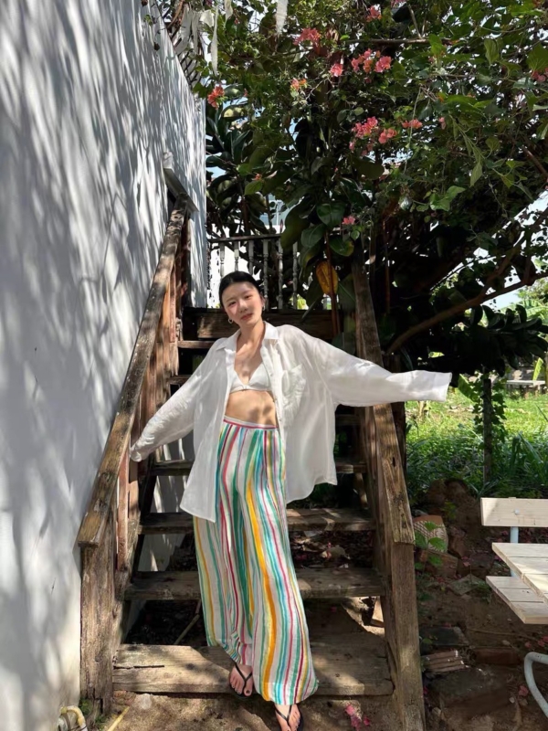 定染高支薄苧麻涼涼彩虹條紋長褲