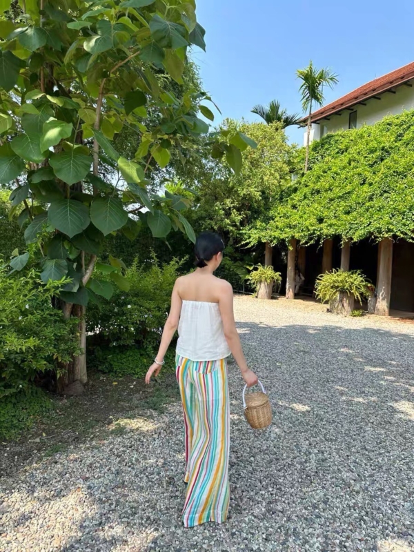 定染高支薄苧麻涼涼彩虹條紋長褲