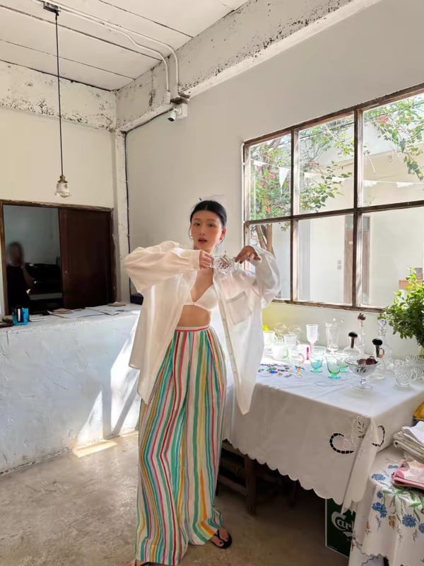 定染高支薄苧麻涼涼彩虹條紋長褲