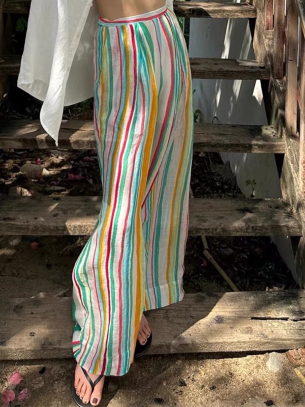 定染高支薄苧麻涼涼彩虹條紋長褲