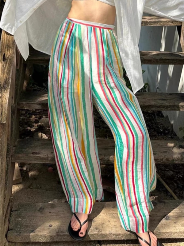 定染高支薄苧麻涼涼彩虹條紋長褲