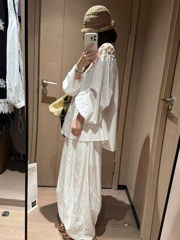 100%棉鏤空燈籠袖襯衫