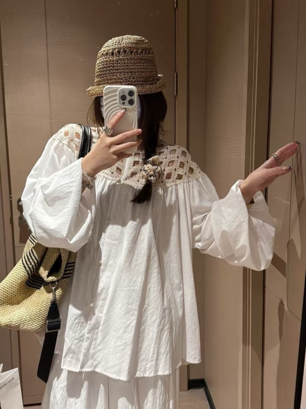 100%棉鏤空燈籠袖襯衫