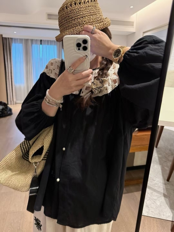 100%棉鏤空燈籠袖襯衫