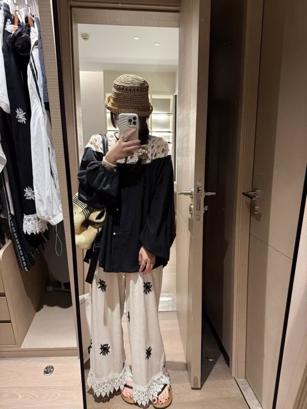 100%棉鏤空燈籠袖襯衫