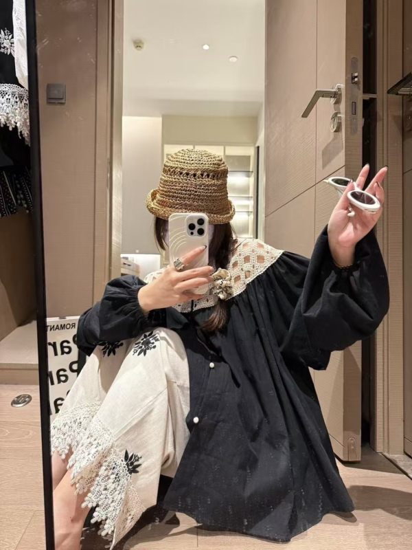 100%棉鏤空燈籠袖襯衫