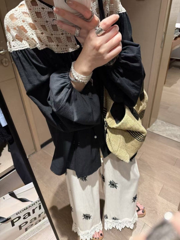 100%棉鏤空燈籠袖襯衫