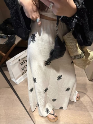 亞麻刺繡蕾絲半身裙