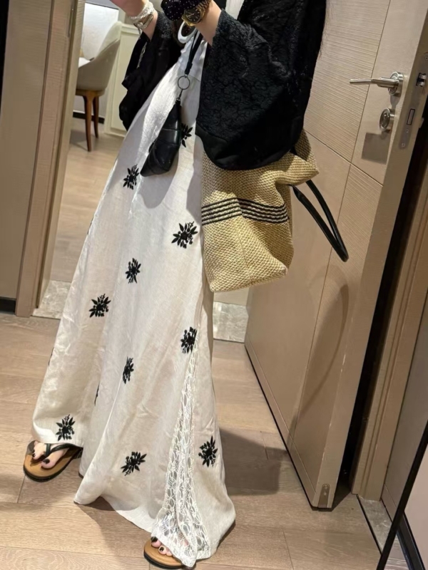 亞麻刺繡蕾絲半身裙